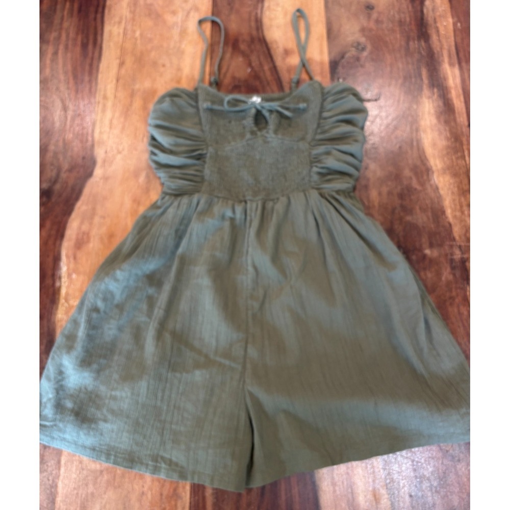 Aerie khaki olive green smocked romper women's size small crinkle cotton gauze